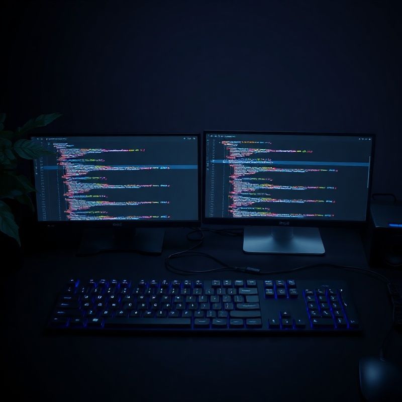 Aufgeräumter Entwickler-Arbeitsplatz mit indigofarbener Code-Ansicht
